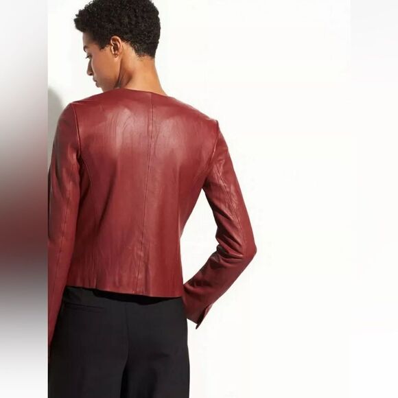 Vince Leather Moto Red Jacket Collarless Asymmetric Zip Size S - Picture 4 of 13